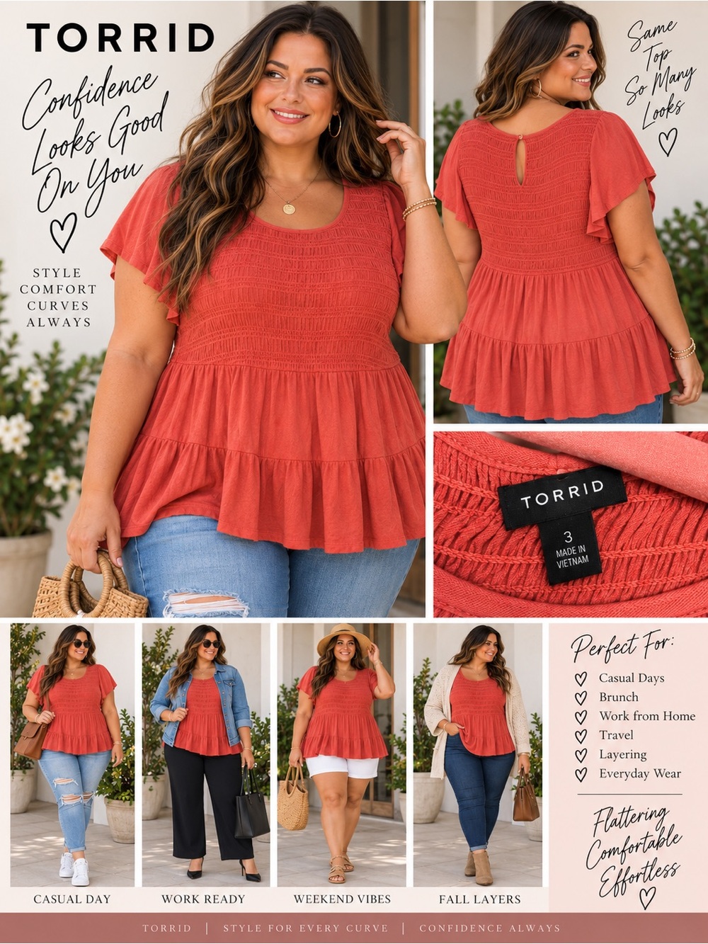Torrid Size 3 Coral Smocked Babydoll Top Flutter Sleeve Boho Peplum Blouse
